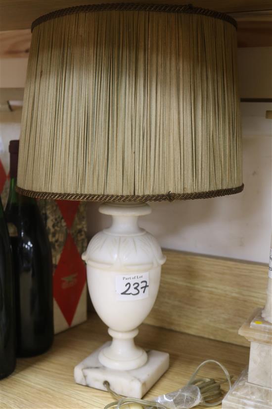 Two Victorian alabaster table lamps, a stationery rack and a pair of globe bookends (5)